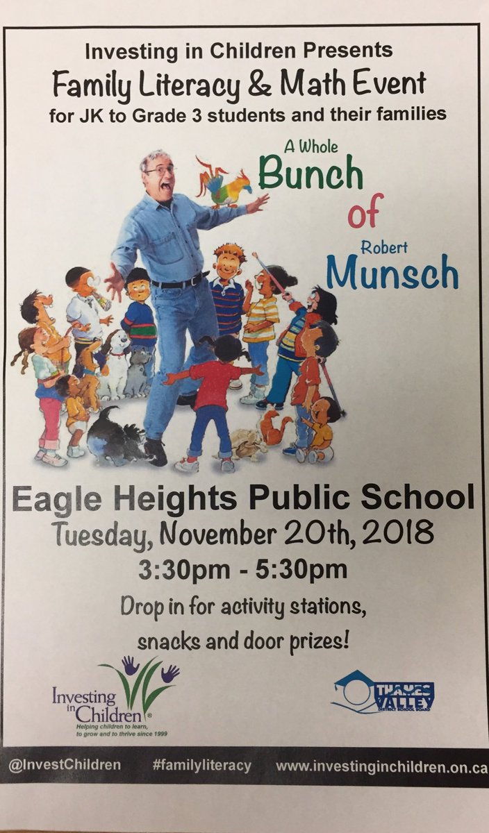 _Antony_Hunter_'s tweet image. ⁦Spread the word...”A Whole Bunch of Robert Munsch” Family Literacy &amp;amp; Math Event will be ⁦@EagleHeightsPS on Tuesday, November 20th, 2018. #tvdsb #esl #familyliteracy ⁦@InvestChildren⁩