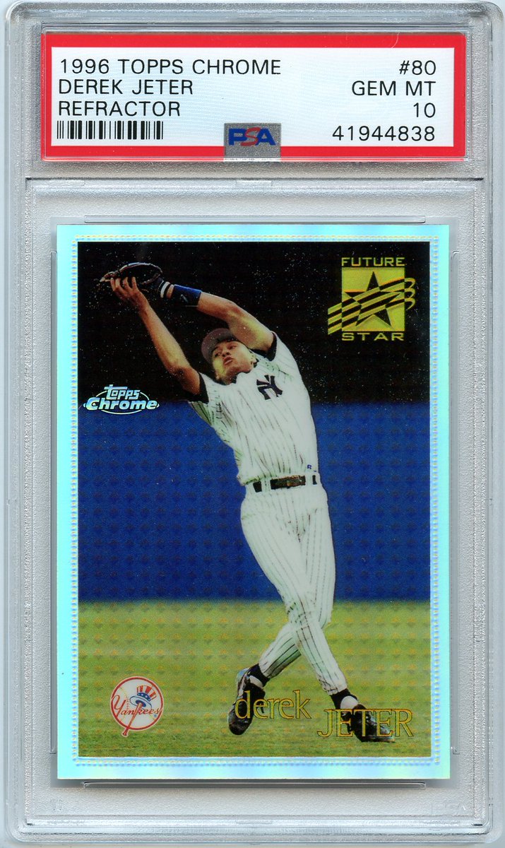 SmallTraditions's tweet photo. #Bid now on this stunning 1996 #Topps Chrome Refractor Derek Jeter Future Star RC, one of only 8 copies ever graded PSA 10 Gem Mint. Compare to the famous #KobeBryant Refractor RC from the same brand and year. #Auction ends Saturday night 11/3. Current bid just $1,000. #collect https://t.co/pqiLLL2mno