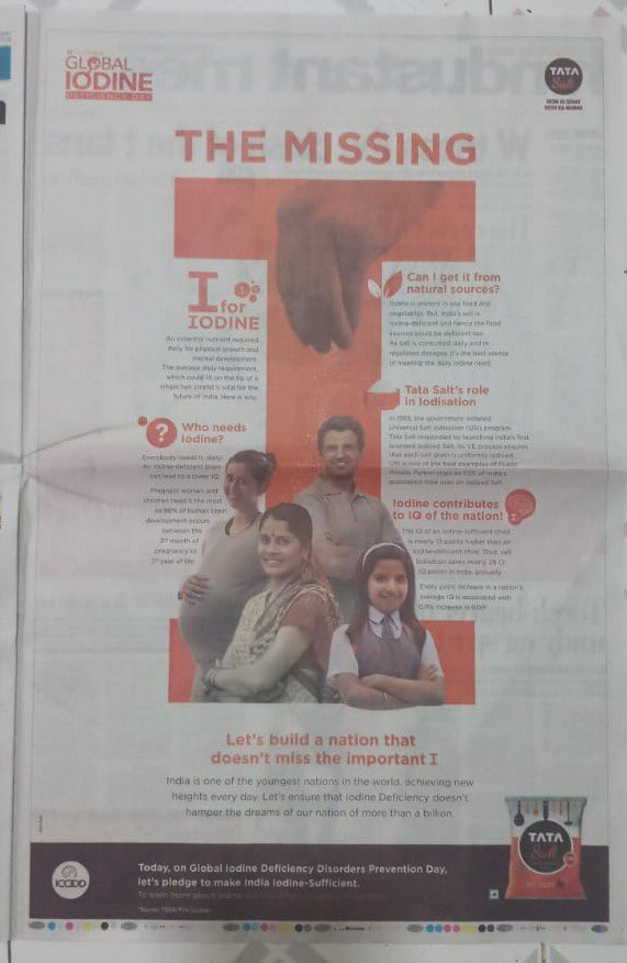 jainshan69's tweet photo. I for  ‘nd’a. I for ‘mportant. I for ‘od’ne

Global iodine day. Let’s build an India that doesn’t miss the important “I”
In support of India. Tata Salt Innovation campaign in Hindustan Times today ! https://t.co/S4ilQ141VR