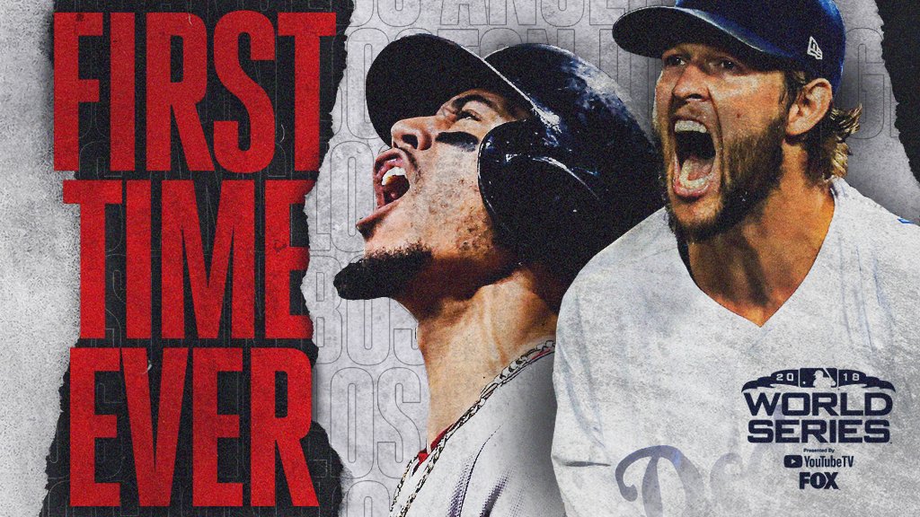MLB's tweet photo. The @RedSox and @Dodgers meet in the #WorldSeries for the FIRST TIME EVER. https://t.co/jHPCrxukHb
