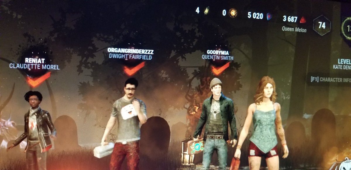 The_Queen_Melon's tweet photo. Got the #squad together for the #halloween #DeadbyDaylight event. If you see us, say #hi! Just filling up our #vials. 

Not #streaming, just #chilling.

#twitchGS https://t.co/WGngW4UXH0