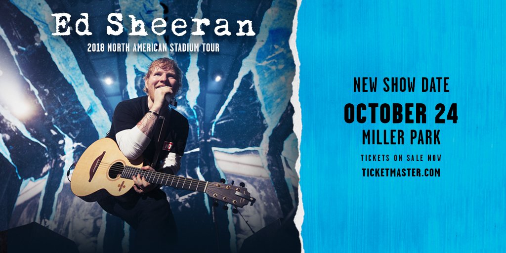 Brewers's tweet photo. Just Announced: The Ed Sheeran concert at Miller Park has been changed from Tuesday, October 23 to Wednesday, October 24 to accommodate tour load-in following Game 7 of the NLCS. Additional info at https://t.co/cgPwZb4mOE. https://t.co/wwMom3FQ9U