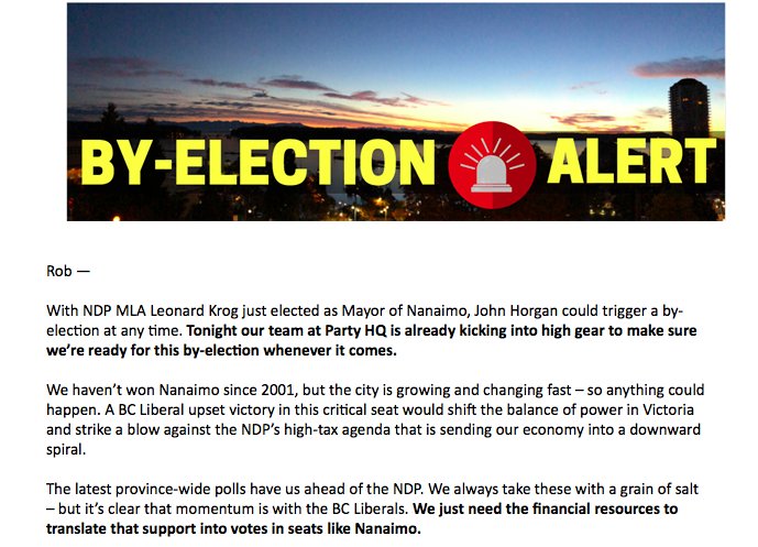 RobShaw_BC's tweet photo. Well look at that, the @bcliberals are out of the gate already hyping up the looming byelection in Nanaimo. https://t.co/uBJk85UbAO