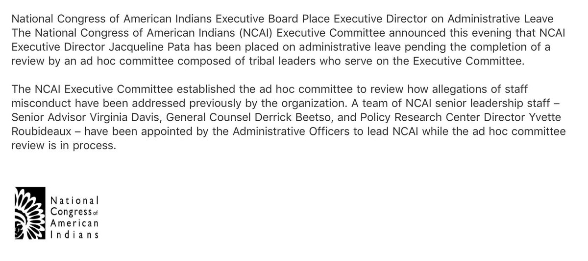 indianz's tweet photo. This just in: The National Congress of American Indians has place executive director Jackie Pata on leave. #MeToo https://t.co/gZWXqsqyHb