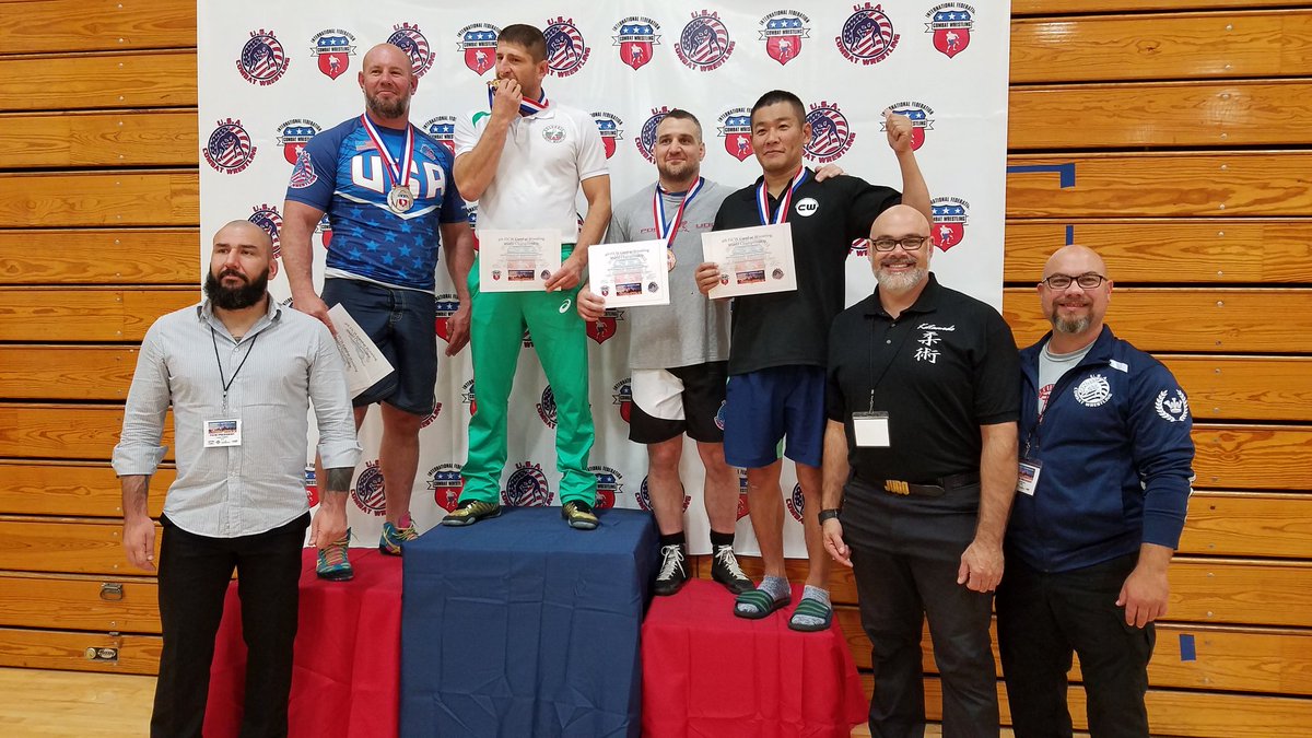 TeamUSACW's tweet photo. Day 1 @FICW_Official #CombatWrestling worlds results:
Veteran Absolute
Gold - Boris Velichkov BULGARIA
Silver - Gabe Beauperthuy USA
Bronze - Steven Yokay USA
Bronze - Kenichi Koiwa JAPAN
#USACW #FICW #USACombatWrestling #StLouis2018 https://t.co/VKO3NTZGs3
