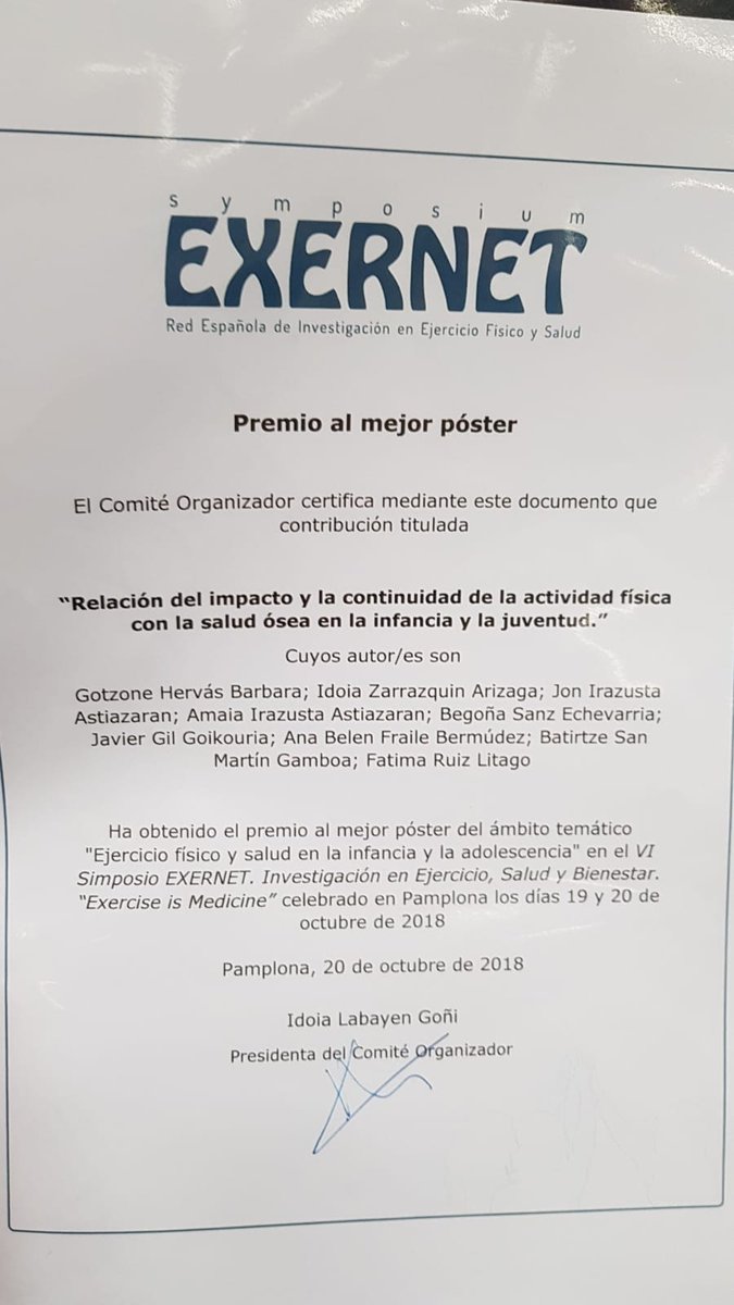 atxikimenduz's tweet photo. #Exercise 

Enhorabuena a @Gotzone_H por conseguir el premio al mejor póster del ámbito temático "Ejercicio físico y salud en la infancia y en la adolescencia"

#MuyContentos
#AgeingOn https://t.co/HcgMfLriGO