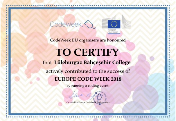 BK_Luleburgaz's tweet image. Lüleburgaz Bahçeşehir Koleji olarak #EuCodeWeek sertifikamızı aldık. #BahçeşehirKodluyor #BkCoding #CodeWeek