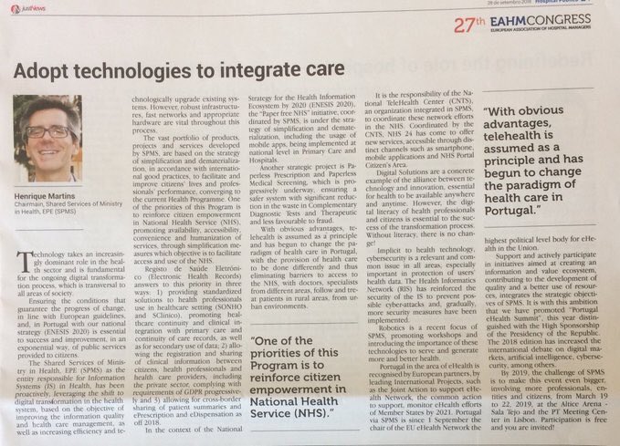 isfteh's tweet photo. “Adopt technologies to integrate care” says Henrique Martins from #SPMS and ISfTeH member Centro Nacional TeleSaúde #CNTS at recent #EAHM2018 @eahm_aedh congress. #Telehealth one of the pillars to reinforce citizen empowerment in the National Health Service. @SNS_Portugal https://t.co/qJ1hco2hhD