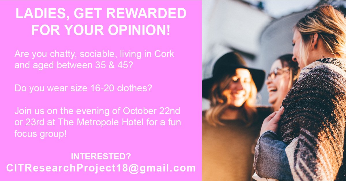 AnnaHCork's tweet photo. Ladies of Cork, we're looking for your opinions and we'll reward you for them! 

Join us @MetropoleCork  on Monday or Tuesday this evening this week.

@CorkSafetyAlert @digital_cork @CorkChamber @NetworkCork @CorkAirport @CorkEveningEcho @pure_cork @CorkLGFA @itscorklike #Cork https://t.co/rN1fDS1iH2