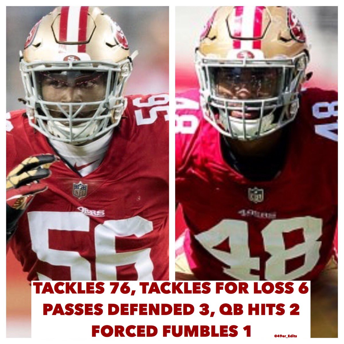 49er_edits's tweet image. These two young ILB have 76 combined tackles; Foster 26 in 4 Games, Warner 50 in 6 games, TFL; Foster 3, Warner 3, PD; Foster 1, Warner 2, QB Hits Foster 1, Warner 1, FF; Warner 1. #49ers @ferrarifoster @fred_warner #ReubenFoster #FredWarner