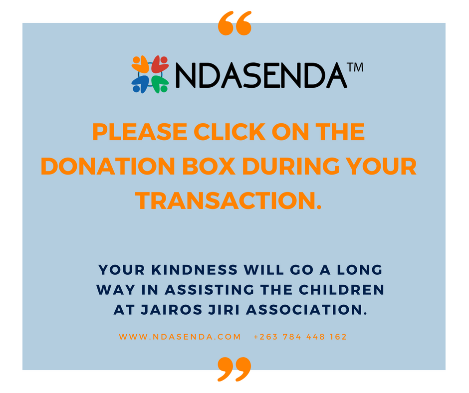 ndasendaservice's tweet photo. This OCTOBER...Kindly join us in our #GivingBackToZim campaign by donating $1 towards Jairos Jiri Association. To donate, click on the donation box during your transaction. Your kindness will go a long way in assisting the children at Jairos Jiri. Thank you for your kindness. https://t.co/3J7SofbBLQ
