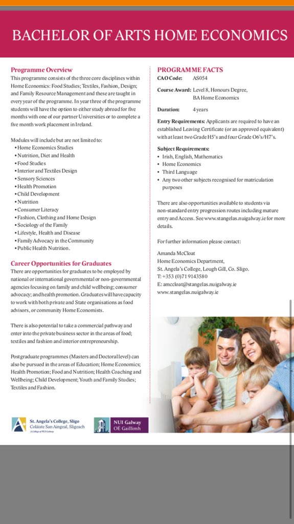 amccloat's tweet photo. We are very excited to announce our NEW 4 year Bachelor of Arts #HomeEconomics Degree which is offered in addition to #HomeEconomics Initial Teacher Education programmes in @StAngelasSligo Graduates will be Home Economists working community/industry or do PG study. @IFHE_HomeEc https://t.co/YDBdvQIvXu
