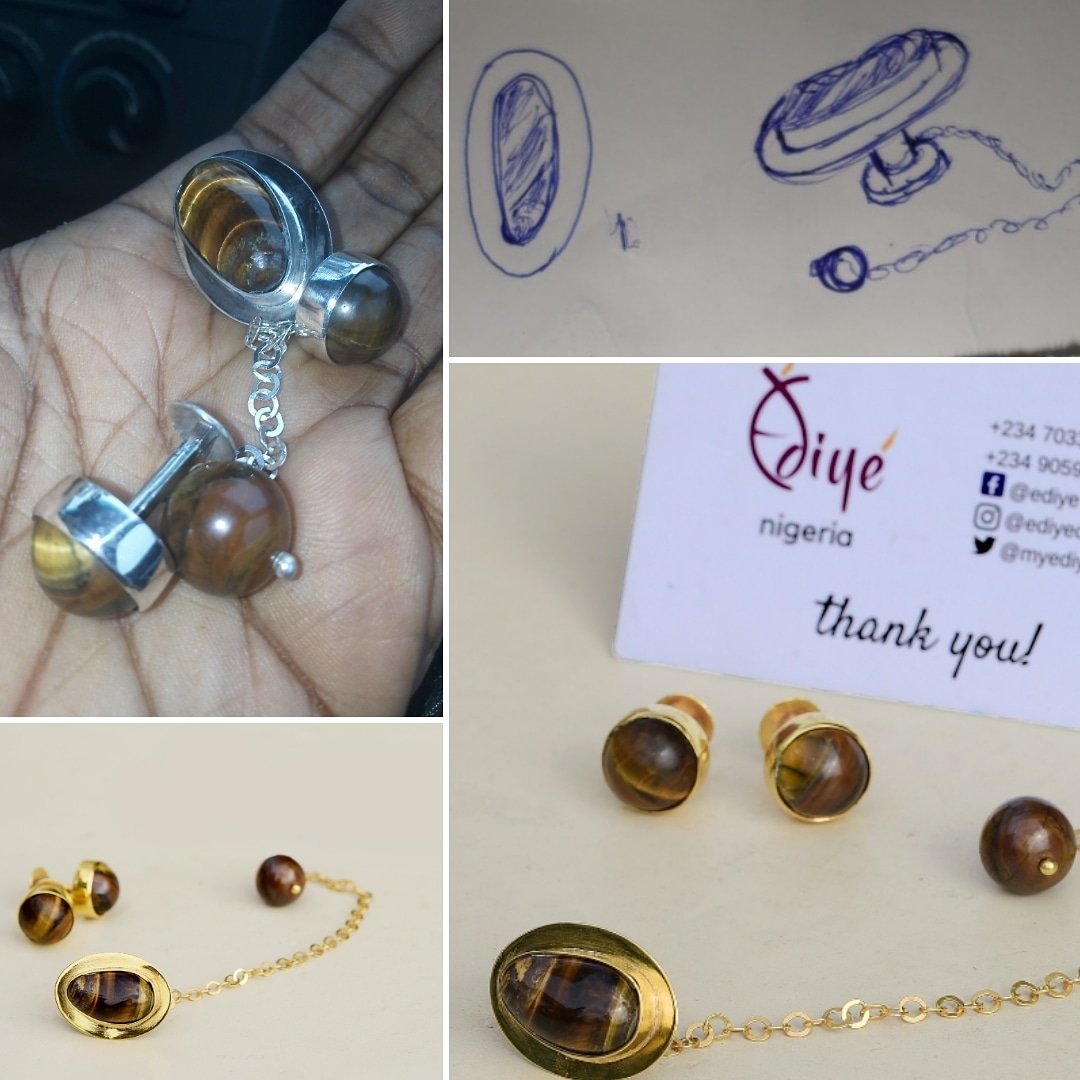 pdbraide's tweet photo. I am grateful to clients for trusting me
A big thank you to this client
From discussion, to sketch, to sterling silver, to good plating to final product, men's traditional wear accessories
#tigereye #vermeil #madeinNG
#wellmadeinnigeria
My sketching needs work!
#grateful https://t.co/Id1JbHzqKn
