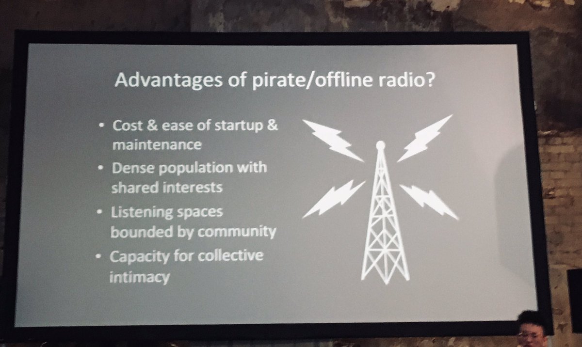 beatricemartini's tweet photo. Pirate radio – or offline radio, or conference calling used like radio – enhances capacity for collective intimacy @laripley #radnets18 https://t.co/58iaZcJ8cP