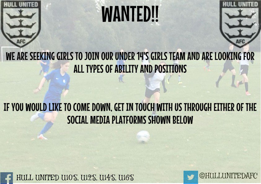 HullunitedAfc's tweet photo. Our Under 14's girls are looking for a 'top-up' of players to their squad.
If interested please either DM us or @HullUtdGirls to register your interest. @EastRidingFA https://t.co/lAfoI94qZ4