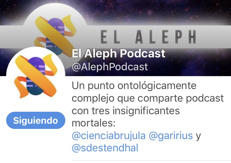 El Aleph Podcast <a href="/AlephPodcast/">El Aleph Podcast</a> es un podcast sobre ciencia con un estilo muy particular que lo hace tremendamente divertido a la vez que didáctico. Conducido por <a href="/cienciabrujula/">Alberto Aparici</a> <a href="/garirius/">🌈 Arcadi Garcia 🌈</a> <a href="/SdeStendhal/">Ignacio Crespo</a> y… alguien más. No os lo perdáis.