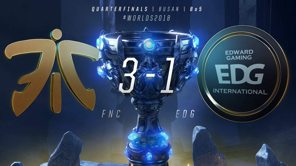 lolesports's tweet image. #FNCWIN:

@FNATIC win the Quarterfinal against @EDG_Edward 3-1 and secure their spot in the #Worlds2018 Semifinals!