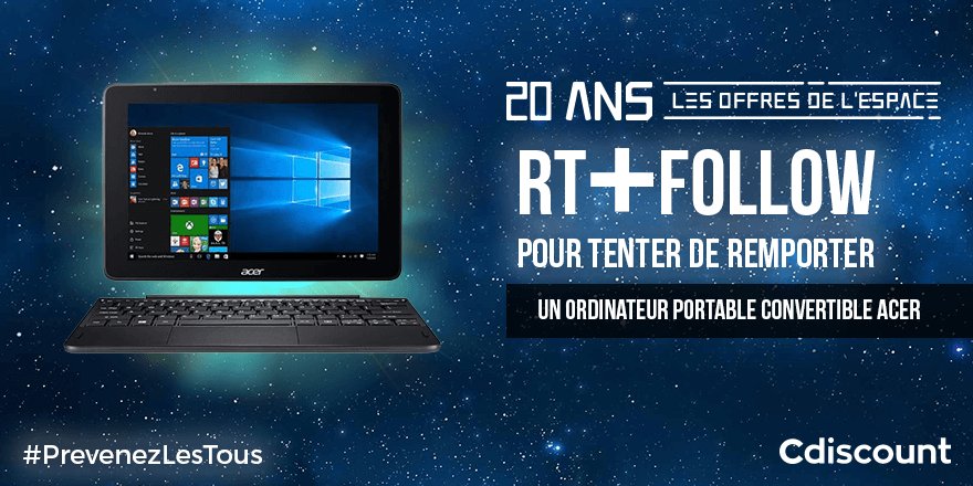 Cdiscount's tweet photo. 🎁 #Concours 

👌 À gagner pour les 20 Ans de Cdiscount : PC Portable convertible Acer

👉 https://t.co/GxuFKHwsOH

🔸 Pour tenter votre chance : 
RT + Follow @Cdiscount

☑️ TAS 25/10

#PrevenezLesTous https://t.co/x5p6S6WWv7