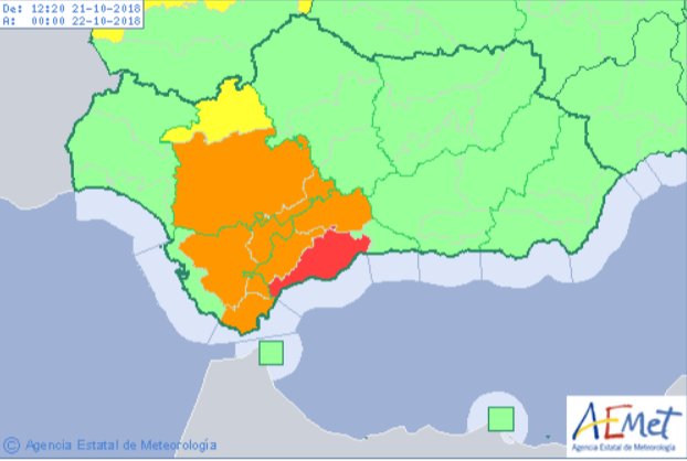 E112Andalucia's tweet photo. 🔴 #FMA🌧️🌧️ #ACTUALIZACIÓN Ampliado el aviso ROJO por lluvias en #Málaga (Sol y Guadalhorce) hasta las 18:00 h. por precipitaciones acumuladas de hasta 130 litros por metro cuadrado en 12 h. Avisos naranja en #Sevilla y #Cádiz. Amplía info 👉 https://t.co/vipy8Xw9S8 @AEMET_Esp https://t.co/TCXUctwonu