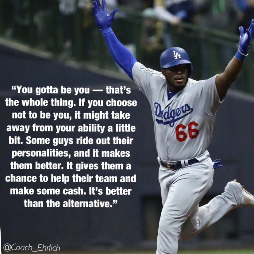 DrCoach_Ehrlich's tweet image. David Freese on Yasiel Puig: Imagine how much energy and focus you’d free up to perform and enjoy if you allow yourself to fully be you when you play. The Dodgers allow freedom and creativity. It’s part of a special culture. #OurWay #BeYou