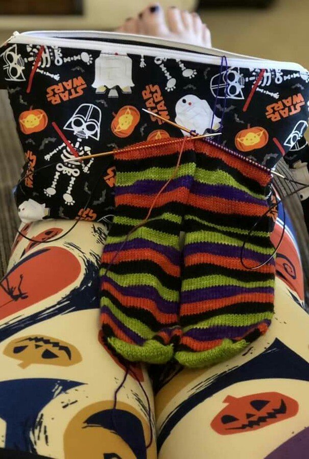 ChloMccole's tweet photo. Sunday Sock Day... Too many needles needed but loving the results #HalloweenSocks #NeedAnotherHand #Autumn #hygge https://t.co/0eKncP9jqQ