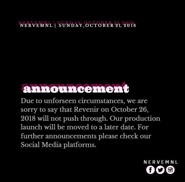 nervemnl's tweet photo. ANNOUNCEMENT:

#REVENIR2018
#LAUNCHTHENERVES https://t.co/WeTOmjGmy3