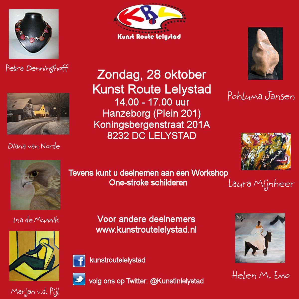 Zondag 28 oktober is er weer een Kunst Route Lelystad.
U bent van harte welkom!