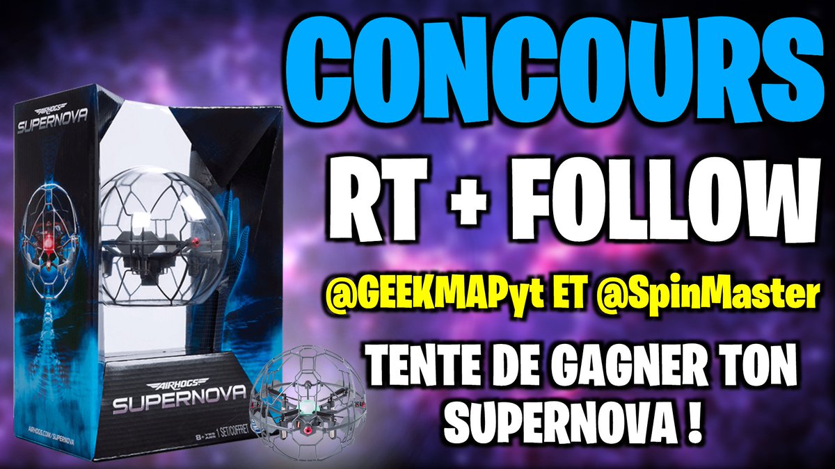 GEEKMAPyt's tweet photo. 🎁#Concours 🎁
TENTE DE GAGNER 1 AIR HOGS SUPERNOVA !  ✅

📱Pour Participer :
RT + Follow @GEEKMAPyt et @SpinMaster 

🎥Lien de la vidéo : https://t.co/GlvmXzchYN

Tirage au sort : 05/11/18
🍀Bonne Chance a tous ! 🍀 https://t.co/Mktqo9knDO