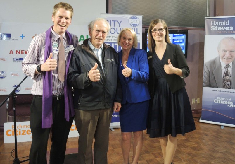 Harold_Steves's tweet photo. Thank you #RichmondBC. for electing Kelly Greene and Michael Wolfe and re-electing Carol Day and myself on Richmond Council under the leadership of Mayor Malcolm Brodie. It is going to be a pivotal point in Richmond history as we deal with both mega-mansions and affordability. https://t.co/V5BiXw91hD