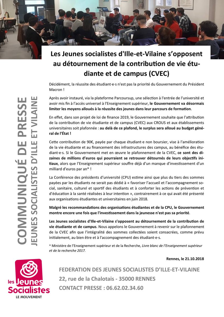 JeunesSoc35's tweet photo. Les #JS35 s’opposent au détournement de la Contribution de Vie Etudiante et de Campus (CVEC) !
🎓 Cette contribution (90€) payée par chaque étudiant·e non boursier·e vise à améliorer la vie étudiante mais est en fait en partie détournée au profit du budget général de l'Etat ! https://t.co/szvscXe4Uv