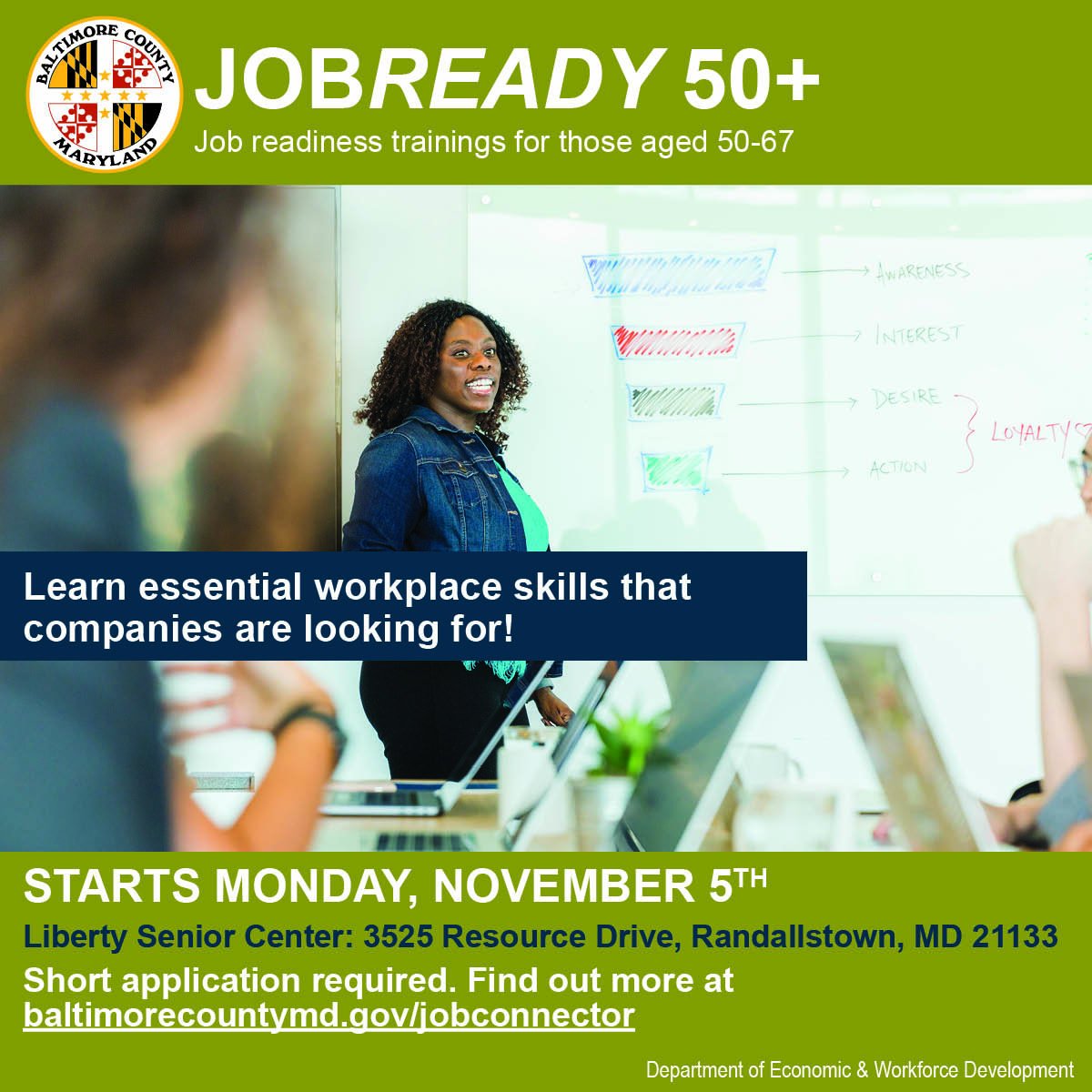 BaltCoGov's tweet photo. Find your next career in Baltimore County! Job Ready 50+ is a workshop designed for individuals aged 50-67 who want to understand and deliver essential workplace skills that companies are looking for. Apply here https://t.co/lHjC8ltEtC by October 29! #BaltCoJobs #JobConnector https://t.co/kV76ofwIij
