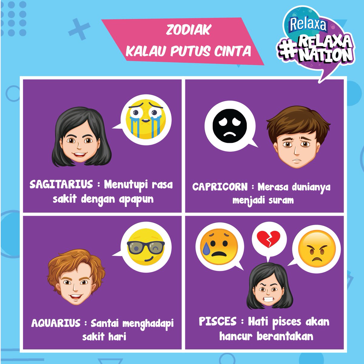 RelaxaID's tweet photo. Apapun zodiak lo, yang penting lo bisa move on dari masa lalu karena masih banyak kebahagiaan yang menunggu di depan :D #RelaxaNation https://t.co/upHXoX1YMo