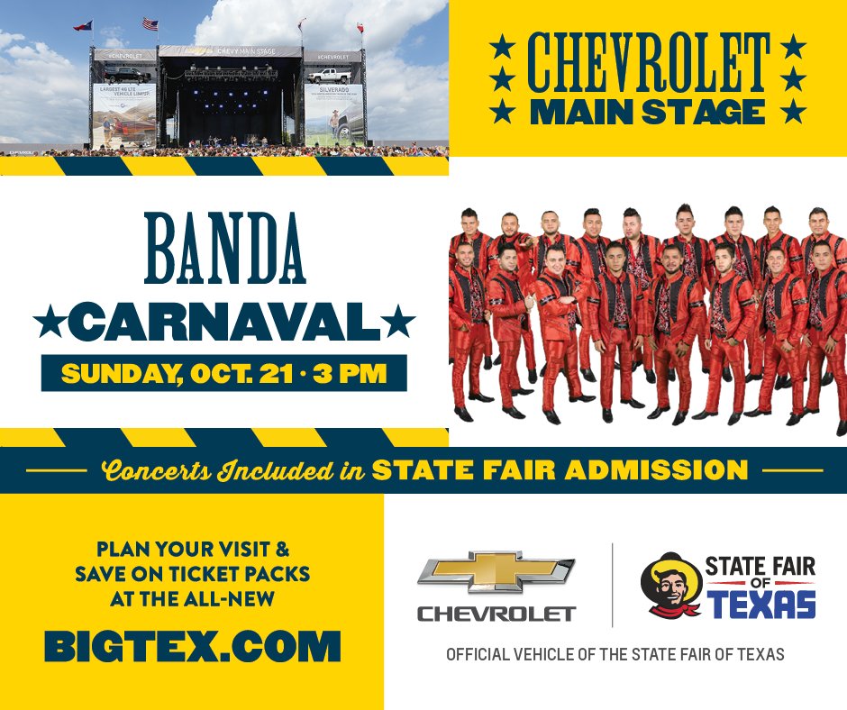Banda Carnaval will be at the <a href="/StateFairOfTX/">State Fair of Texas</a> at 3:00PM. Disfrútalos en el #ChevyMainStage.