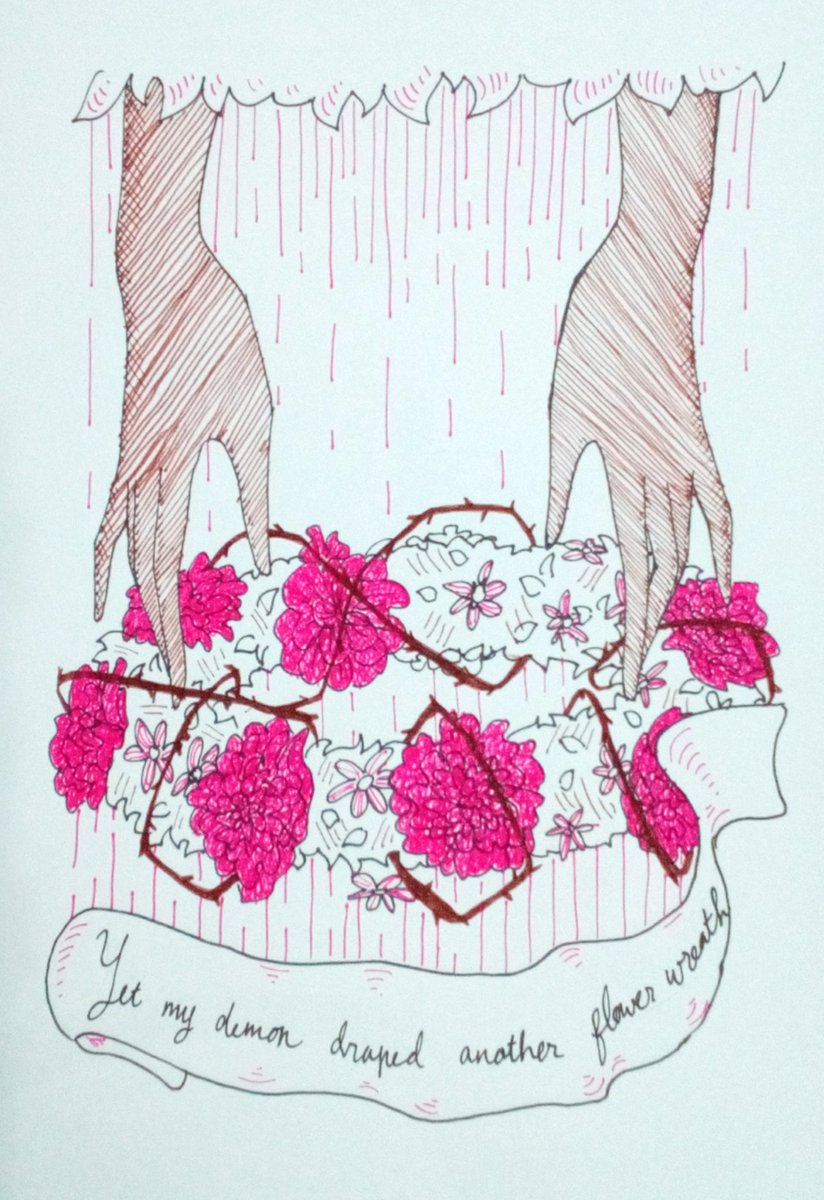 amachuure's tweet photo. Inktober day 14: Yet my demon draped another flower wreath - Hibiscus

#amachuure #illustration #inkonpaper #zebrapenciltic #penciltic #inktober #inktober2018 https://t.co/GBmyElxZFX