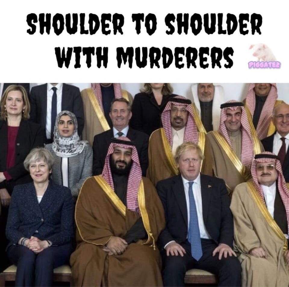 British Tory leaders and Saudi rulers together with caption saying 'shoulder to shoulder with murderers.'