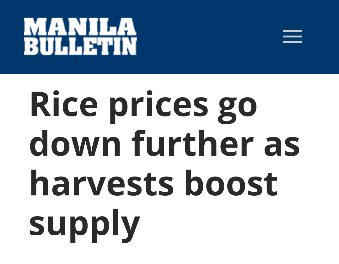 MovingForwardPH's tweet photo. @manilabulletin | Rice prices continue to go down since the start of this month due to: 

1. additional imported rice coming in 

2. more locally produced palay being harvested

#HappyWithDu30 😀👊🇵🇭

 https://t.co/2eG2NCsvac https://t.co/yXw5UOdE4C
