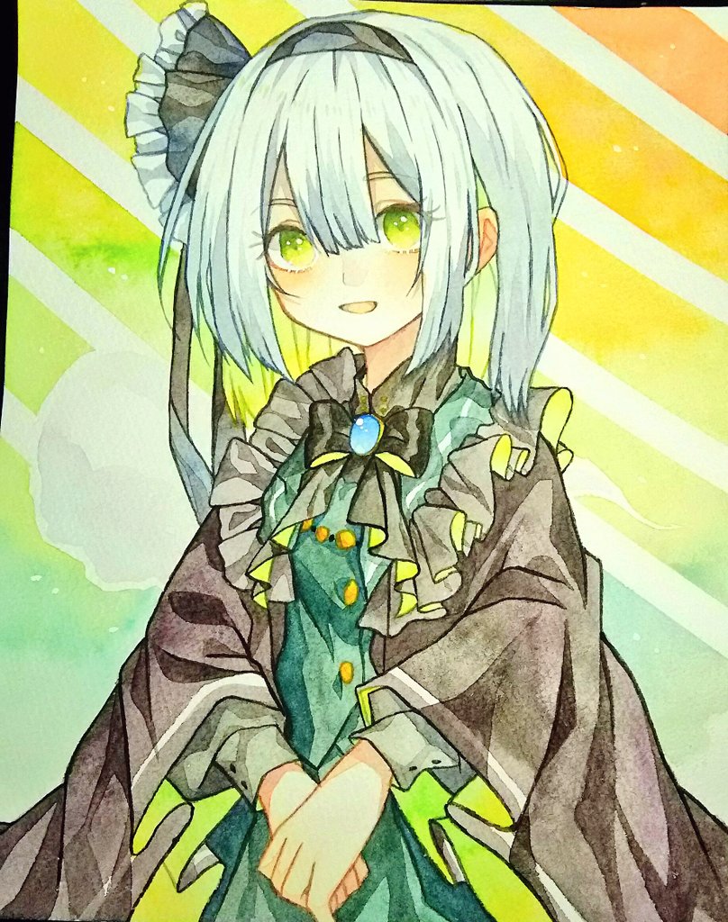 konpaku youmu ,konpaku youmu (ghost) 1girl solo green eyes traditional media black hairband hairband open mouth  illustration images