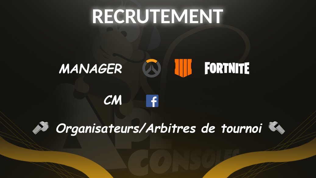 L'association sous loi 1901 APEConsoles basé sur l'esport et l'organisation d’événements console cherche a agrandir ses rangs.

Nous recherchons des managers pour nos équipes compétitives sur #CallofDutyBlackOps4 , #Fornite et #Overwatch , principalement pour la #Xbox ...
1/3