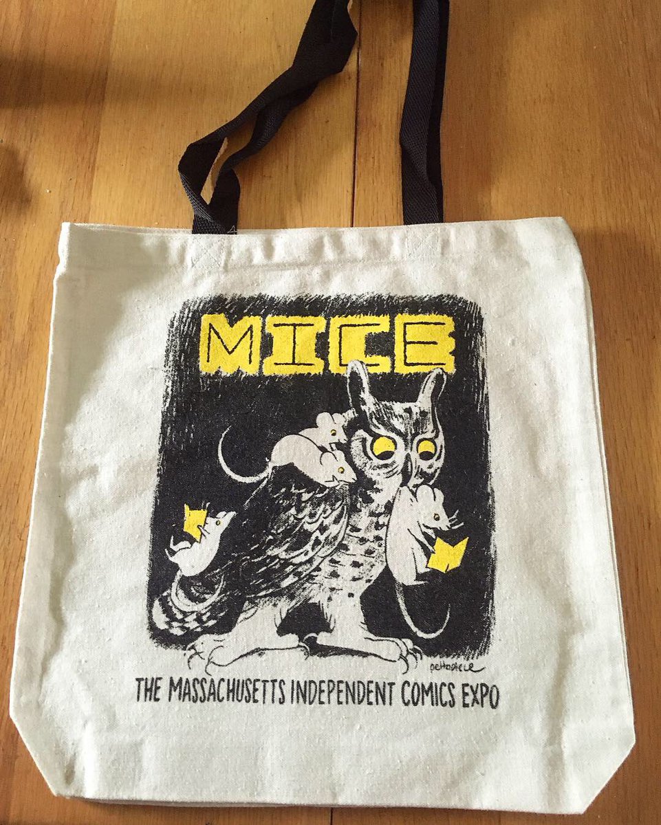 I did a drawing for @MassMICE's fundraiser tote bag earlier in the year and they're available for sale at the show this weekend up at the info desk. Perfect for stuffing with comics and zines!???#miceexpo2018