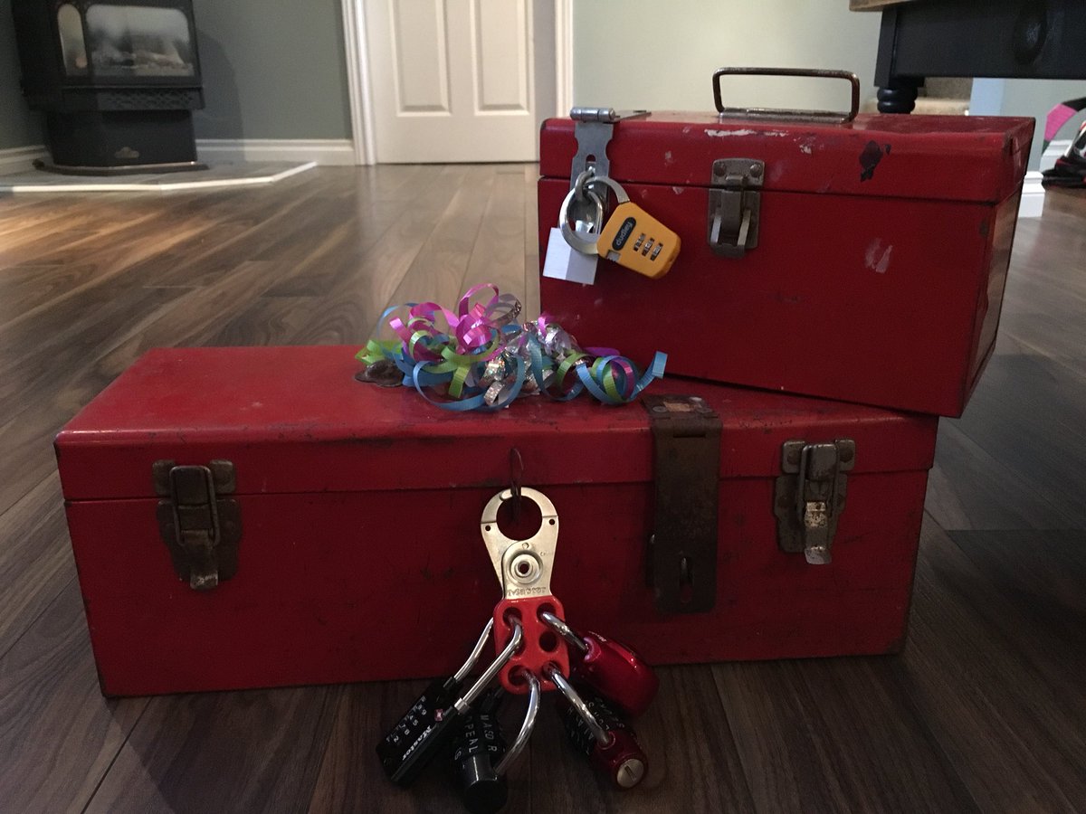 Ready for my daughter’s birthday party! My son and I locked all of the party favours in the big box and they need to solve clues to get them out.