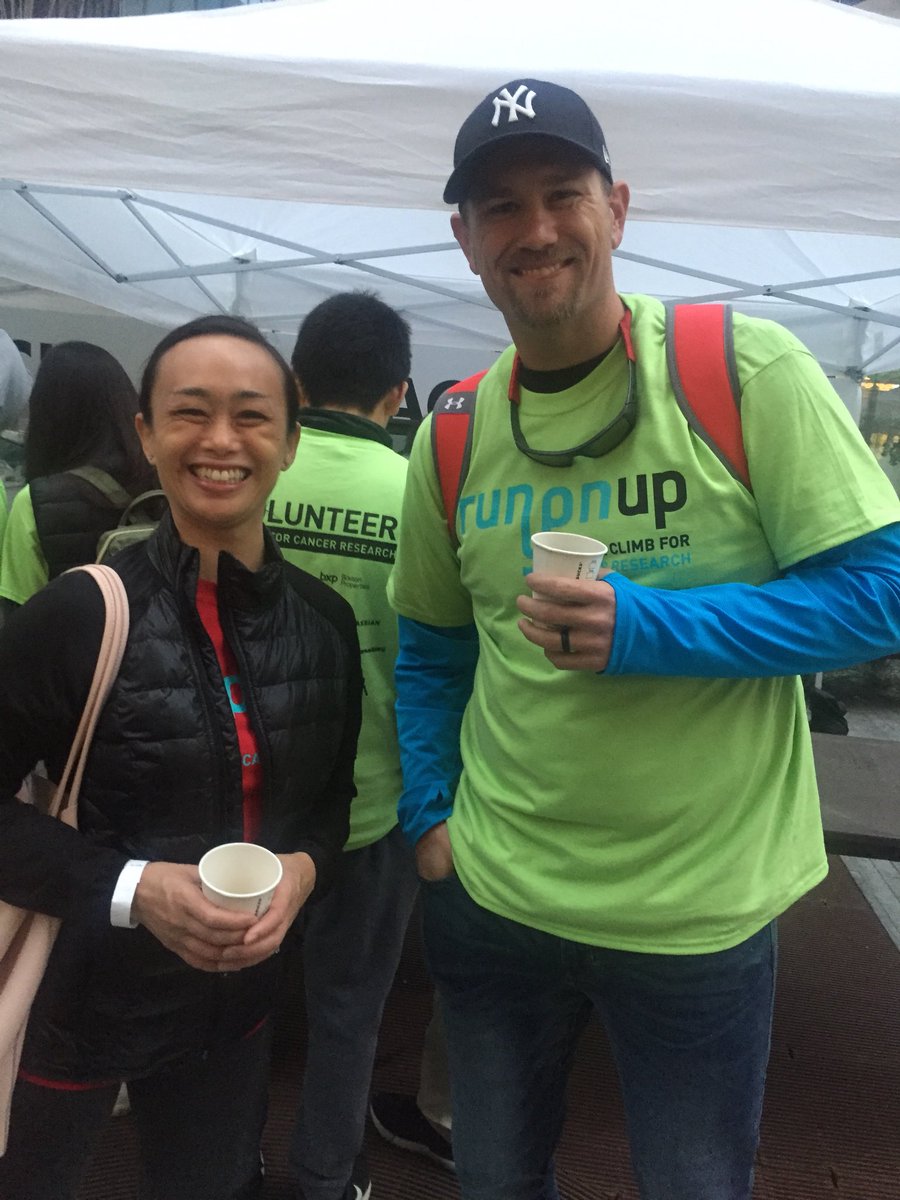 DamonRunyon's tweet photo. The race is on! Today is the Runyon Up Stair Climb for Cancer Research at @SalesforceTower. Our CEO and President Yung S. Lie, PhD and Brian Arnold of @Futuredawgs are warming up with our scientists and racers. #RunyonUp https://t.co/v0jVhFm4Lf