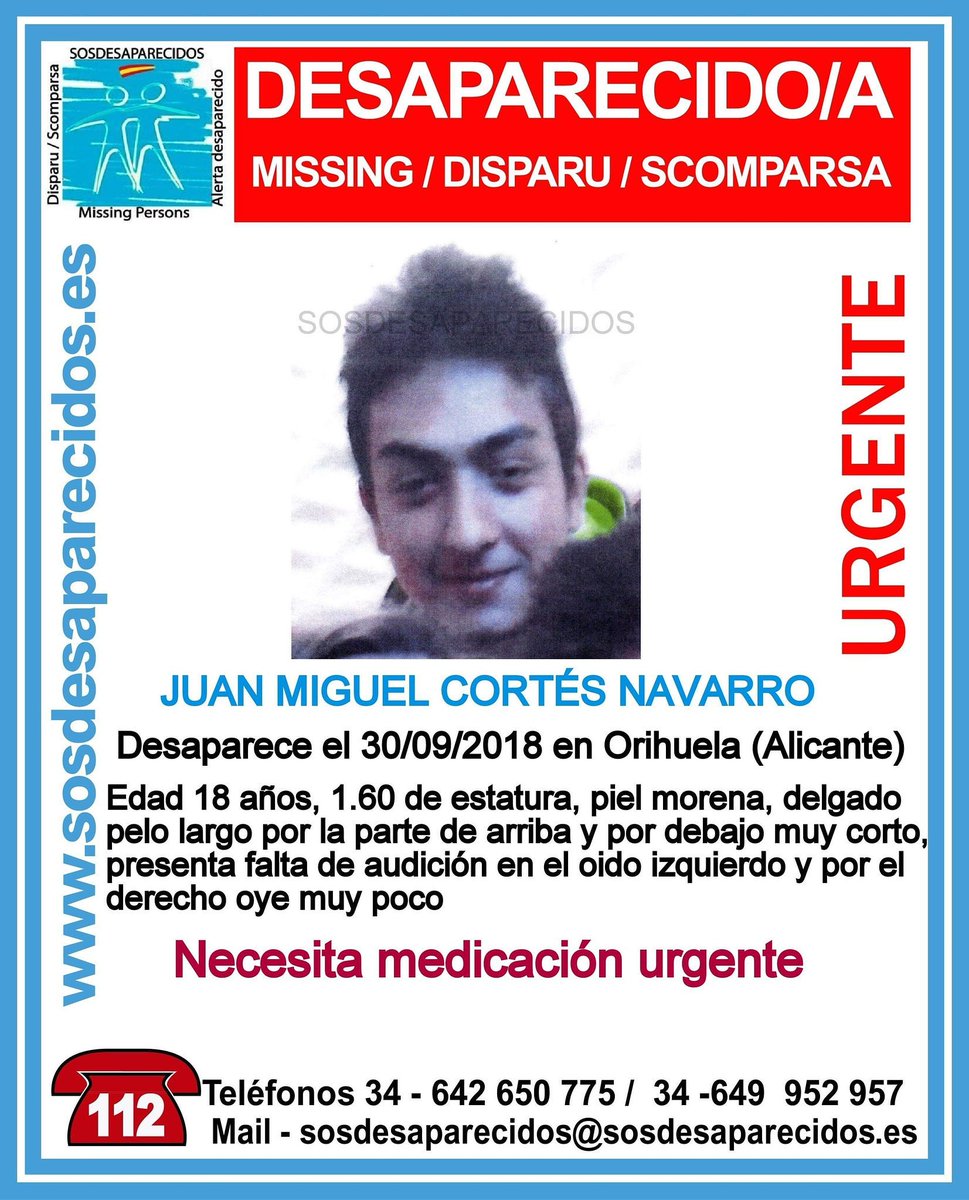 plorihuela's tweet image. #Urgente ⚠
Este es Juan Miguel Cortés Navarro de 18 años y ha #desaparecido en #Orihuela 
Desde el 30 de septiembre.
NECESITA MEDICACIÓN
Si lo ves llama
☎062
☎091
☎112
☎092
Tu RT no cuesta nada y puede ayudar mucho.