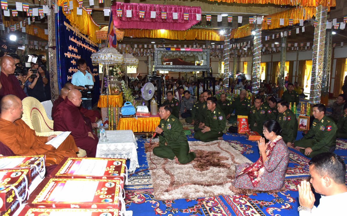 Oct20,Myanmar military Senior General Min Aung Hlaing pays homage to remains of grateful Myainggyingu Sayadaw Bhaddanta Sujana who recently passed away . They offered rice, edible oil, salt, foodstuffs and offertories to the administrator Sayadaw of Myainggyingu .
