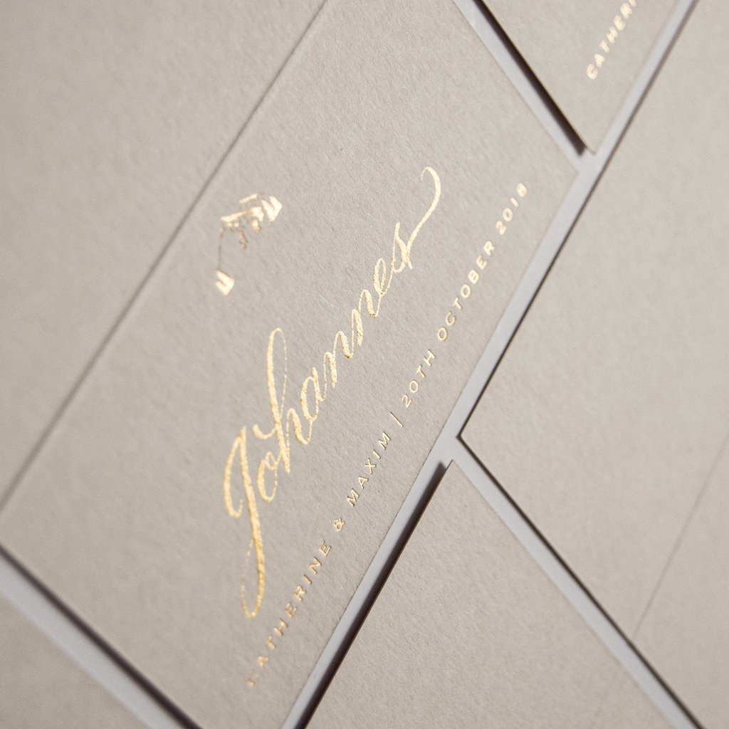 Congratulations to Catherine &amp; Maxim!
Married yesterday and had the most beautiful place cards created by Artcadia with a gold letterpress on GF Smith Papers mist card.  I had the honour of calligraphing their place cards and matched the gold foil with gold ink. #weddingday