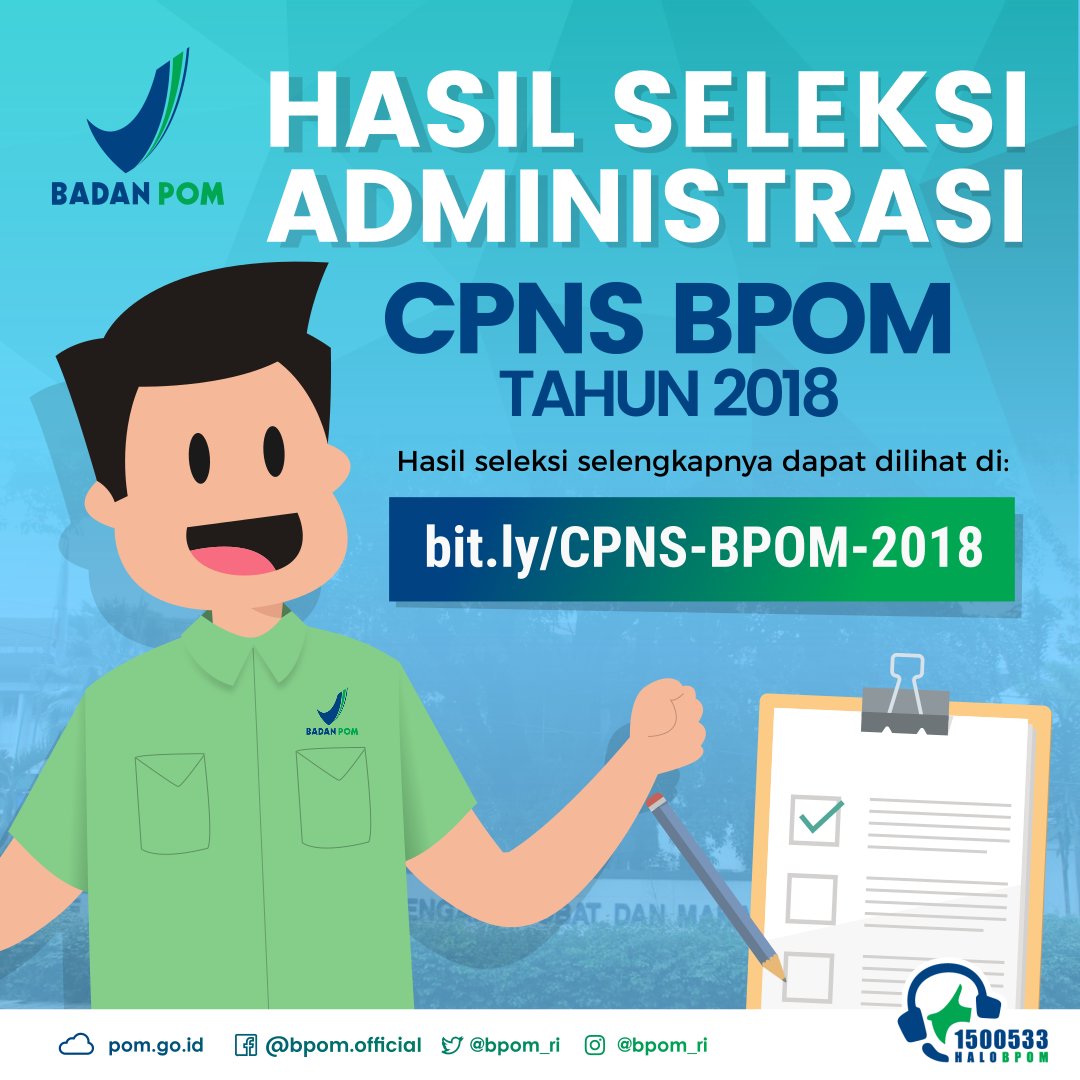 BPOM_RI's tweet photo. #SahabatBPOM pengumuman seleksi administrasi sudah ada lho 
Cek selengkapnya di https://t.co/mKpSviuntl 

Kami ucapkan selamat untuk peserta yang lolos, semangat belajar untuk tahap selanjutnya! 
#CPNSBPOM2018 https://t.co/18oNl6FPXY