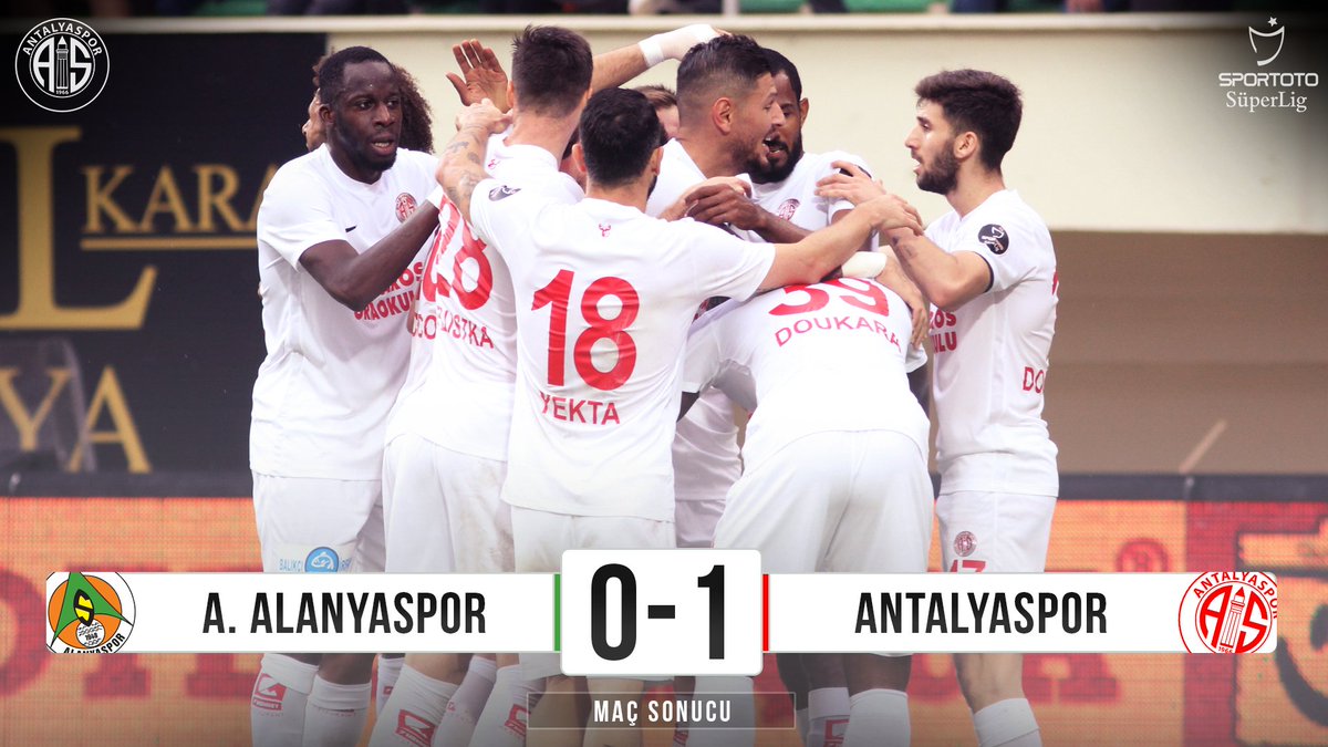 ⏱ Dk.90: Antalyasporumuz, Spor Toto Süper Lig'in 9. haftasında Aytemiz Alanyaspor’u Souleymane Doukara'nın 42. dakikada attığı golle 1-0 mağlup etti. #BizAntalyasporuz