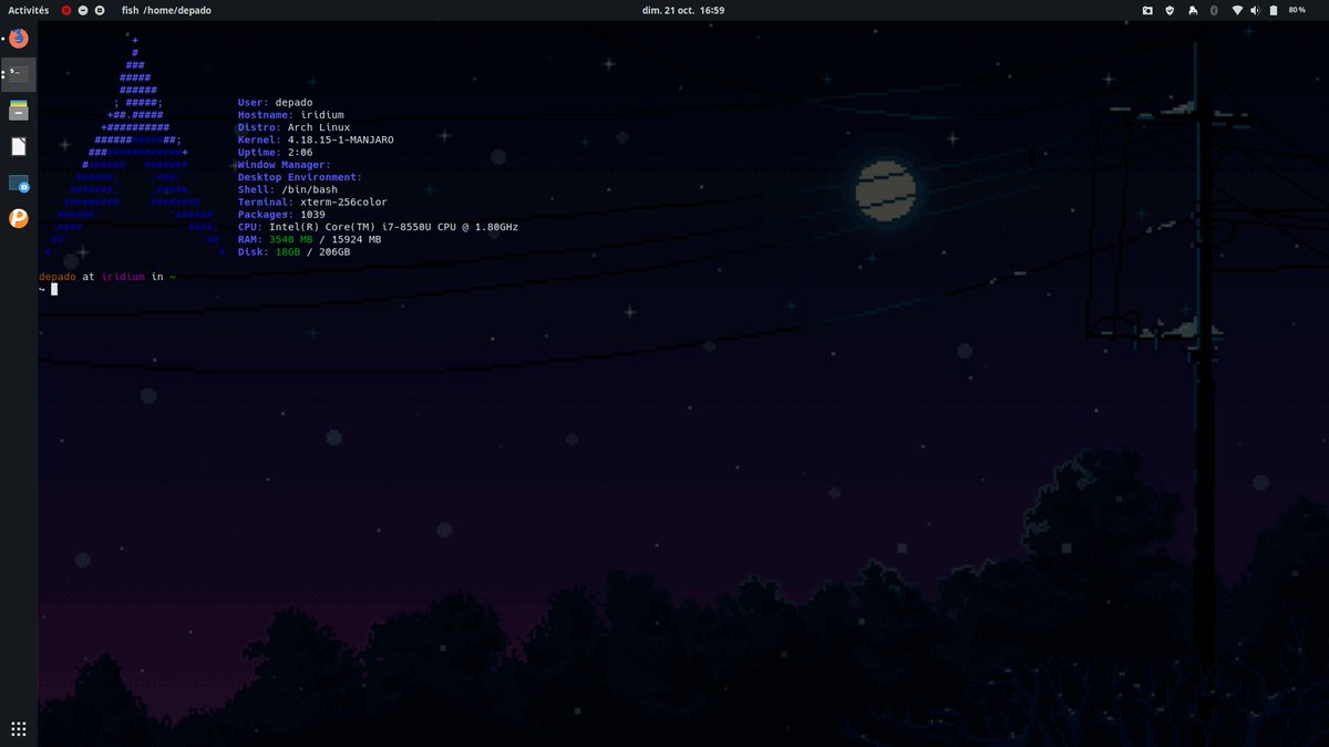 Depado_'s tweet image. @ManjaroLinux running on @Dell&apos;s XPS13 with Unite extension, terminal transparency and fish shell 🧐
#linuxporn