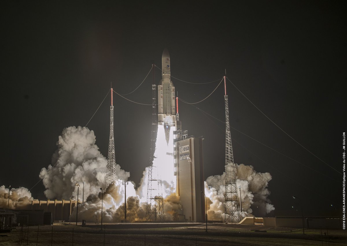 AstronomyNow's tweet photo. An Ariane 5 rocket launched Friday night with two scientific probes heading for Mercury. Full story: https://t.co/mb69c2BWab https://t.co/NlJkZxgQ9U