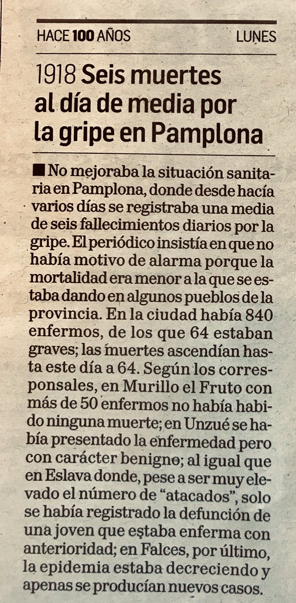 Seis muertos al día por la  #gripe en Pamplona, el periódico insiste en que no hay motivo de alarma  #gripe1918enNavarra
