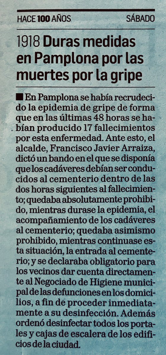 El Ayuntamiento de Pamplona ordena duras medidas por las muertes de  #gripe: prohibido acompañar a los cadáveres y entrar al cementerio, desinfectar los portales, ...  #gripe1918enNavarra